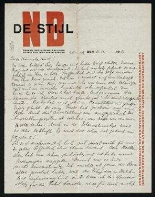 Brief von Theo van Doesburg an Hannah Höch. [Clamart]. Briefkopf: "NB DE STIJL [...]"