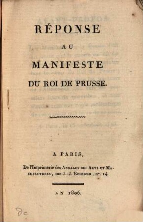 Réponse au Manifeste du Roi de Prusse
