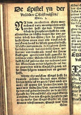 De Epistel yn der drüdden Christmissen/ Ebre. j. [Euangelion yn der drüdden Missen. Johannis am j. Capit.]