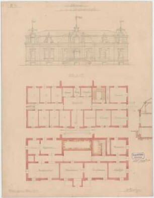 Jahn, Johann; München; Badeanstalt (Studienarbeit an der Baugewerkschule) - Ansicht; Grundrisse
