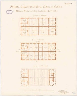 Königliches Landgestüt für die Provinz Sachsen, Kröllwitz Wohnhaus No. 2, 3 und 4 für je 4 verheiratete Gestütswärter: Grundriss KG, EG, EG, DG, 1:100