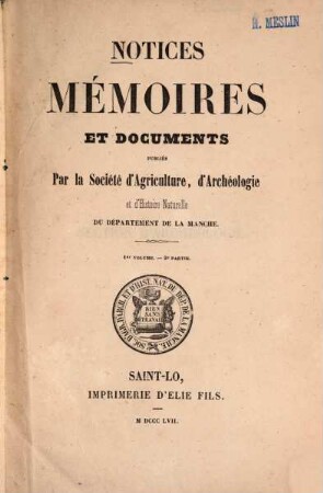 Notices, mémoires et documents. 1,2. 1857