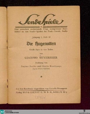 Die Hugenotten : große Oper in 4 Teilen