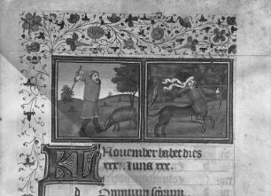 Stundenbuch Karls V. — Monatsblatt November und Tierkreiszeichen Schütze, Folio 203