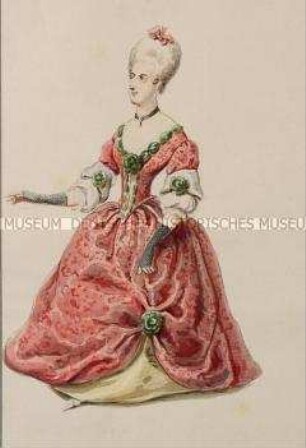 Frau im rotgemusterten Kleid, mit grünen Rosetten verziert - Tafel aus Franceschini/Kostümbilder (Kassette 1)