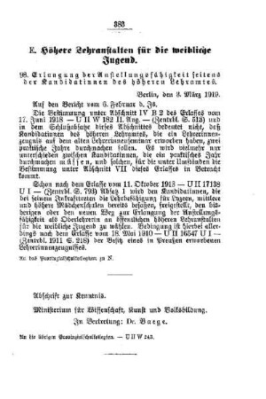 Erlangung der Anstellungsfähigkeit seitens der Kandidatinnen des höheren Lehramtes : [E. Höhere Lehranstalten für die weibliche Jugend]
