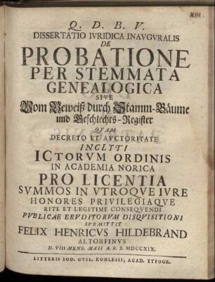 Dissertatio Iuridica Inauguralis De Probatione Per Stemmata Genealogica Sive Vom Beweiß durch Stamm-Bäume und Geschlechts-Register