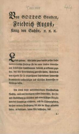 Von Gottes Gnaden, Friedrich August, König von Sachsen, etc. etc. etc.