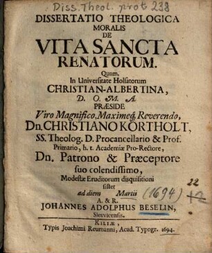 Dissertatio Theologica Moralis De Vita Sancta Renatorum
