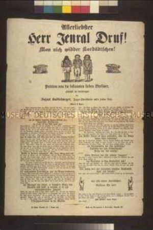 Satirisches Flugblatt: Allerliebster Jenral Druf (Aujust Buddelmeyer); undatiert
