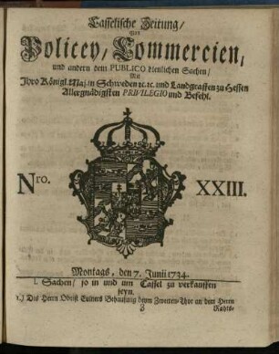 Nro. XXIII, Montags, den 7. Junii 1734