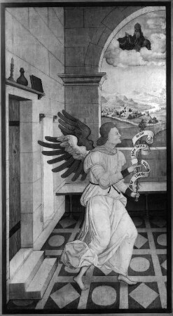 Verkündigungsengel : Verkündigungsengel. Tafelmalerei (um 1520/1530). Sonthofen (Kreis Oberallgäu), Friedhofskapelle Sankt Sebastian und Afra
