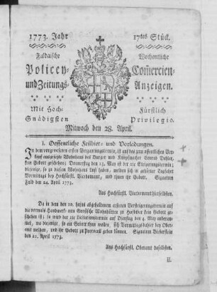 17 tes Stück, Ausgabe vom 28. April 1773
