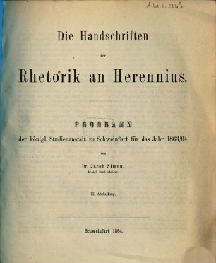 Programm der K. Studienanstalt zu Schweinfurt : für d. Schuljahr .... 1863/64 (1864)