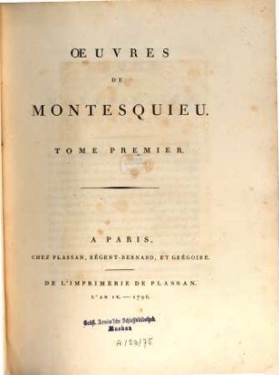 Oeuvres De Montesquieu. 1