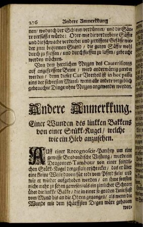 Andere Anmerkkung. Einer Wunden des linkken Bakkens von einer Stükk-Kugel / welche wie ein Hieb anzusehen.