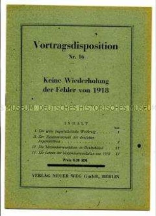 Schulungsmaterial der KPD: Vortragsdisposition Nr. 16