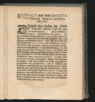 Extract aus dem Deputation Abschiede Anno 1600 zu Speyer auffgerichtet.