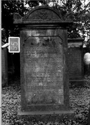 Grabstein 55 (Index: 100111116) Material: Sandstein Zustand: verwittert Maße HxBxT: 190x94x32 cm Beschreibung: Stele, Sockel, Abdeckplatte mit Segmentbogenaufsatz mit Eckakroteren, Schriftfeld eingetieft Symbolik: Blüte: Grabstein 55