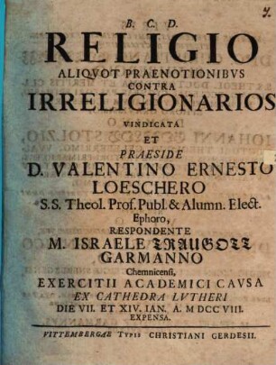 Religio aliquot praenotionibus contra irreligionarios vindicata