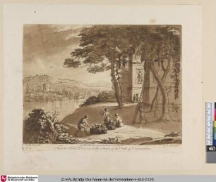 [Antike Bogen mit Basreliefs und Weinlese; A Landscape with a magnificent Arch ornamented with Bas Reliefs. A Vintage.]