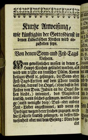 Kurtze Anweisung, wie künftighin der Gottesdienst in denen Lübeckischen Kirchen wird anzustellen seyn.