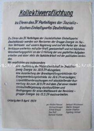 Handgeschriebene Verpflichtung eines Kollektives aus der Energiewirtschaft zu Ehren des IV. Parteitages der SED