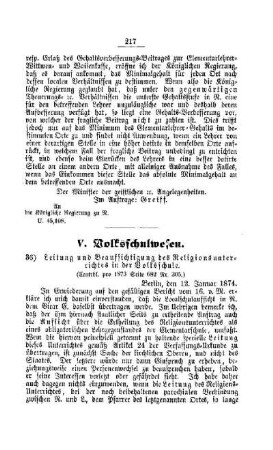 Leitung und Beaufsichtigung des Religionsunterrichtes in der Volksschule : [V. Volksschulwesen]