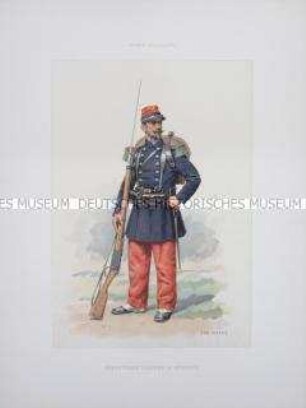 Uniformdarstellung, Unteroffizier der Afrikanischen Leichten Infanterie, Frankreich, um 1890.