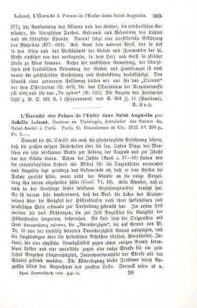 305-306 [Rezension] Lehaut, Achille, L'Éternité des Peines de l'Enfer dans Saint Augustin