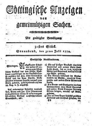 31tes Stück. Sonnabend, den 31ten Julii 1779.