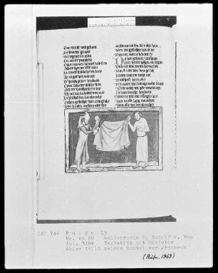 Rudolf von Ems, Weltchronik — Ahias teilt dessen Mantel vor Jerobeam, Folio 318verso