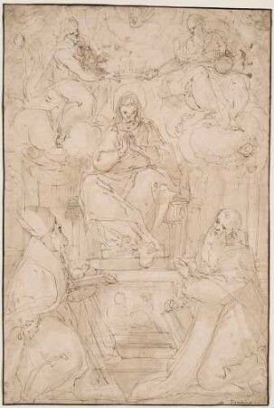 Die Krönung der Heiligen Jungfrau durch die Heilige Dreifaltigkeit, unten der heilige Nikolaus von Myra und ein weiterer Heiliger