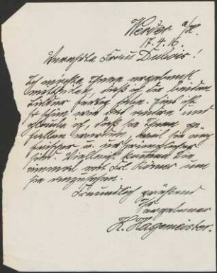 Brief von Karl Hagemeister an Frau Dubois