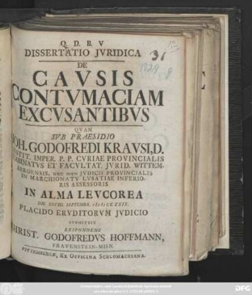 Dissertatio Jvridica De Cavsis Contvmaciam Excvsantibvs