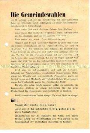 Propagandaflugblatt der KPD zu den Gemeindewahlen in der amerikanischen Besatzungszone 1946