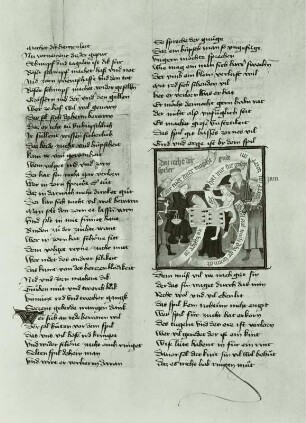 Allegorische Darstellung mit Brettspielern, :Illumination und Schriftspiegel in Thomas von Zerklaere "Der welsche Gast", bl. 11 r