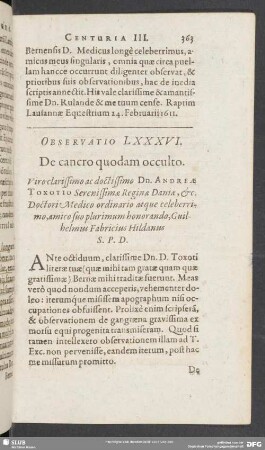 Observatio LXXXVI. De cancro quodam occulto