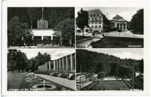 Bad Elster. verschiedene Stadtansichten (Kurquelle, Theater, Wandelhalle, Badeplatz)