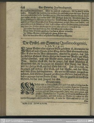 Die Epistel, am Sonntag Quasimodogeniti, 1. Joh. V, v. 4-10