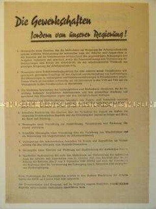 Flugblatt des Bundesvorstandes des FDGB mit einem Forderungskatalog der Gewerkschaften