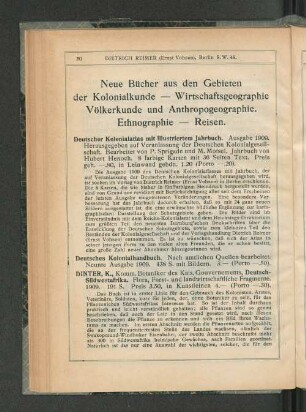 Neue Bücher aus den Gebieten der Kolonialkunde - Wirtschafstgeographie Völkerkunde und Anthropogeographie. Ethnographie - Reisen.