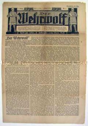 Erste Ausgabe der völkischen Wochenzeitung "Der Wehrwolf" u.a. zu den Zielen des Blattes