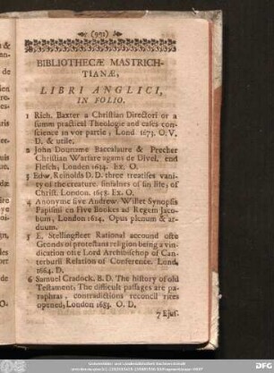 Bibliothecae Mastrichtianae, Libri Anglici