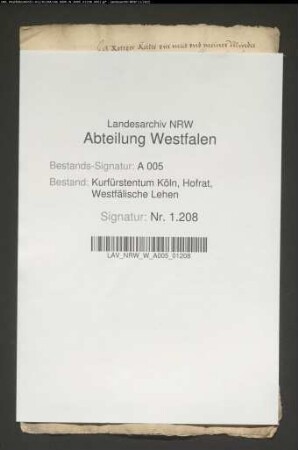 Revers des Rottger Ketteler für sich und seine minderjährigen Brüder und Schwestern über die Belehnung mit dem Burglehen der Ketteler, der Tork und der Wulff zu Hovestadt samt dem Zehnten zu Suttrop vor Warstein unter Vorbehalt des Erbes der Kinder des Gothardt Ketteler und der Ketteler zu Assen