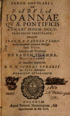 Error Popularis Seu Fabula Joannae Quae Pontificis Romani Sedem Occupasse Falso Credita Est