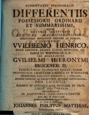 Dissertatio Inauguralis De Differentiis Possessorii Ordinarii Et Summarissimi