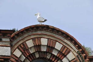 Kirche Christos Pantokrator in Alt-Nessebar : Der Kreuzkuppelbau (Bogendetail mit Möwe) der Pantokratorkirche Christos Pantokrator aus dem 13. Jahrhundert, aufgenommen am 19. Mai 2011 in Alt-Nessebar