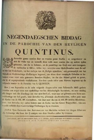 Negendaegschen Biddag In De Parochie Van Den Heyligen Quintinus