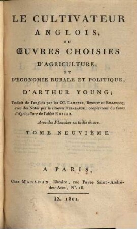 Le cultivateur anglois, ou oeuvres choisies d'agriculture, et d'économie rurale et politique, 9